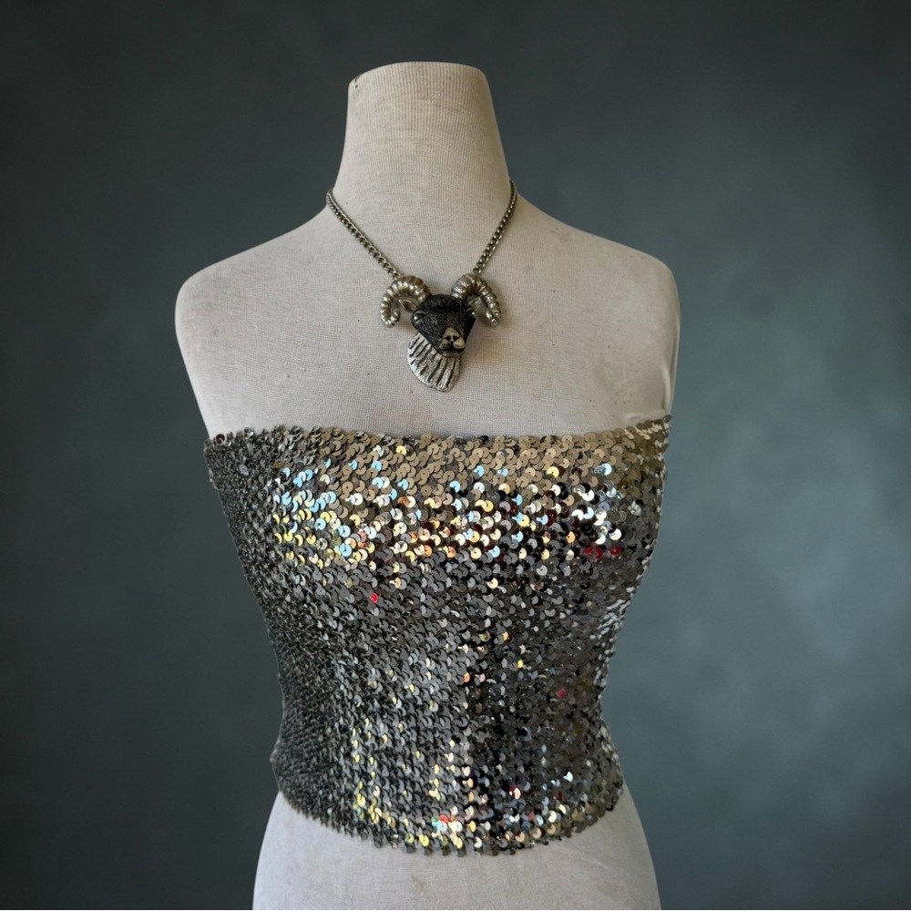 Vtg 70s Silver Sequin Tube Top OS Stretch Crop Disco Creations III EUC